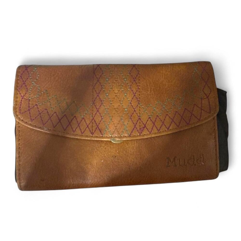 Mudd Brown Faux Leather Wallet – Purple Diamond Stitching – Preowned